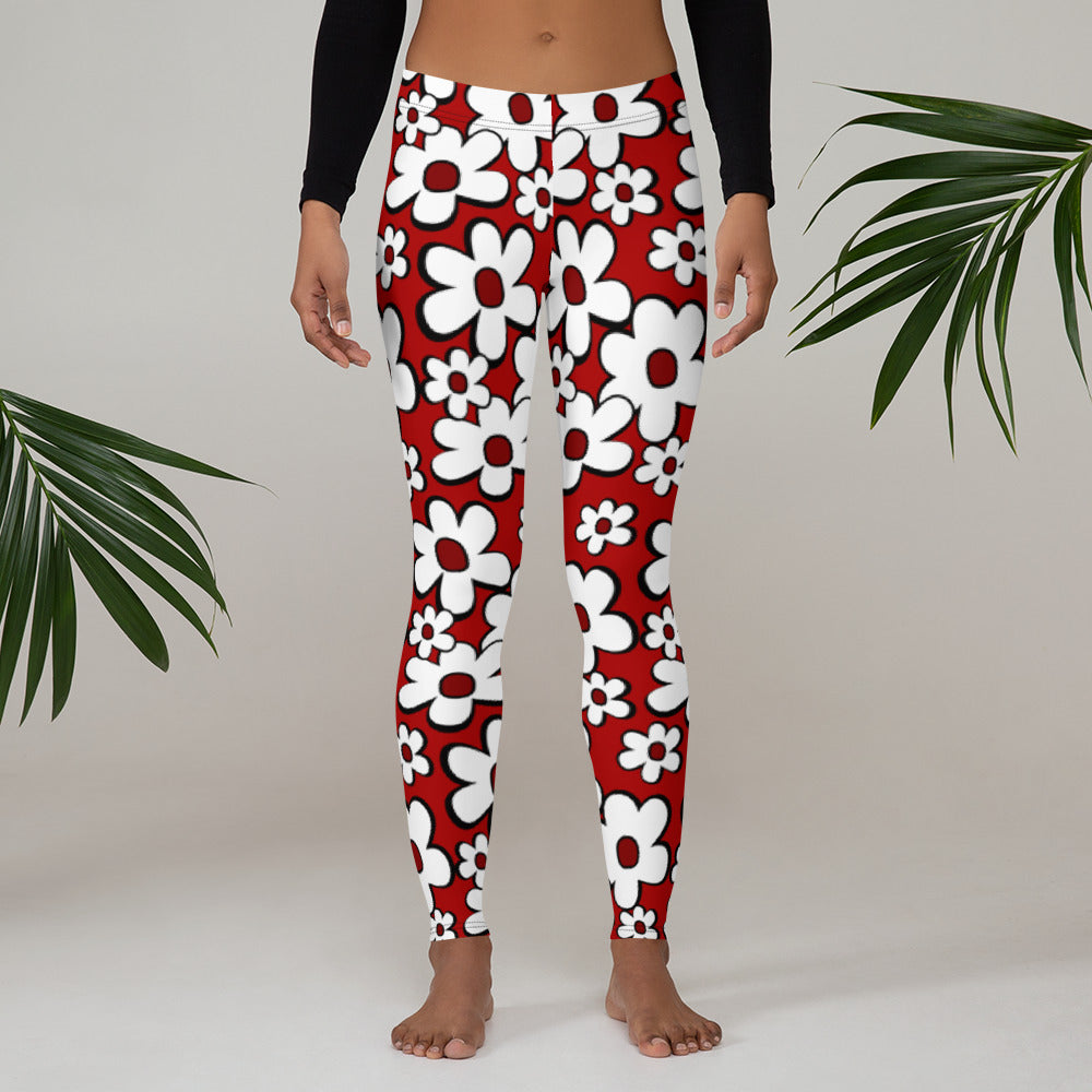 Jubee Funky White Daisies Black Outline Red Background--Womens Leggings