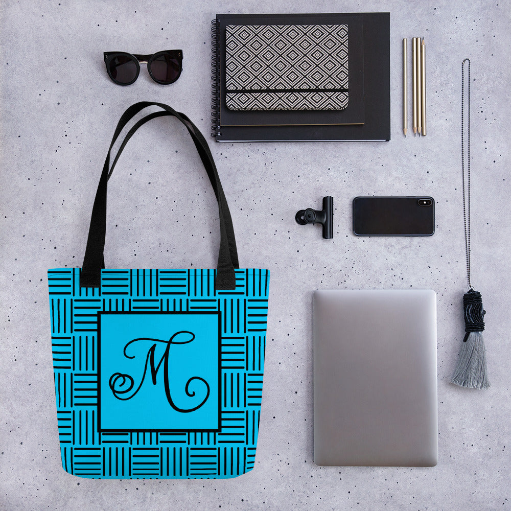 Modern Calligraphy Capital M Fancy on Basketweave Design Turquoise Black Custom Tote bag