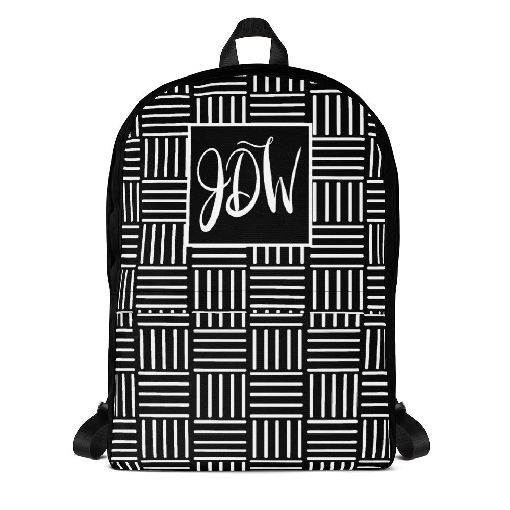 Modern Calligraphy Monogram JDW Basketweave Pattern White on Black, Custom Backpack
