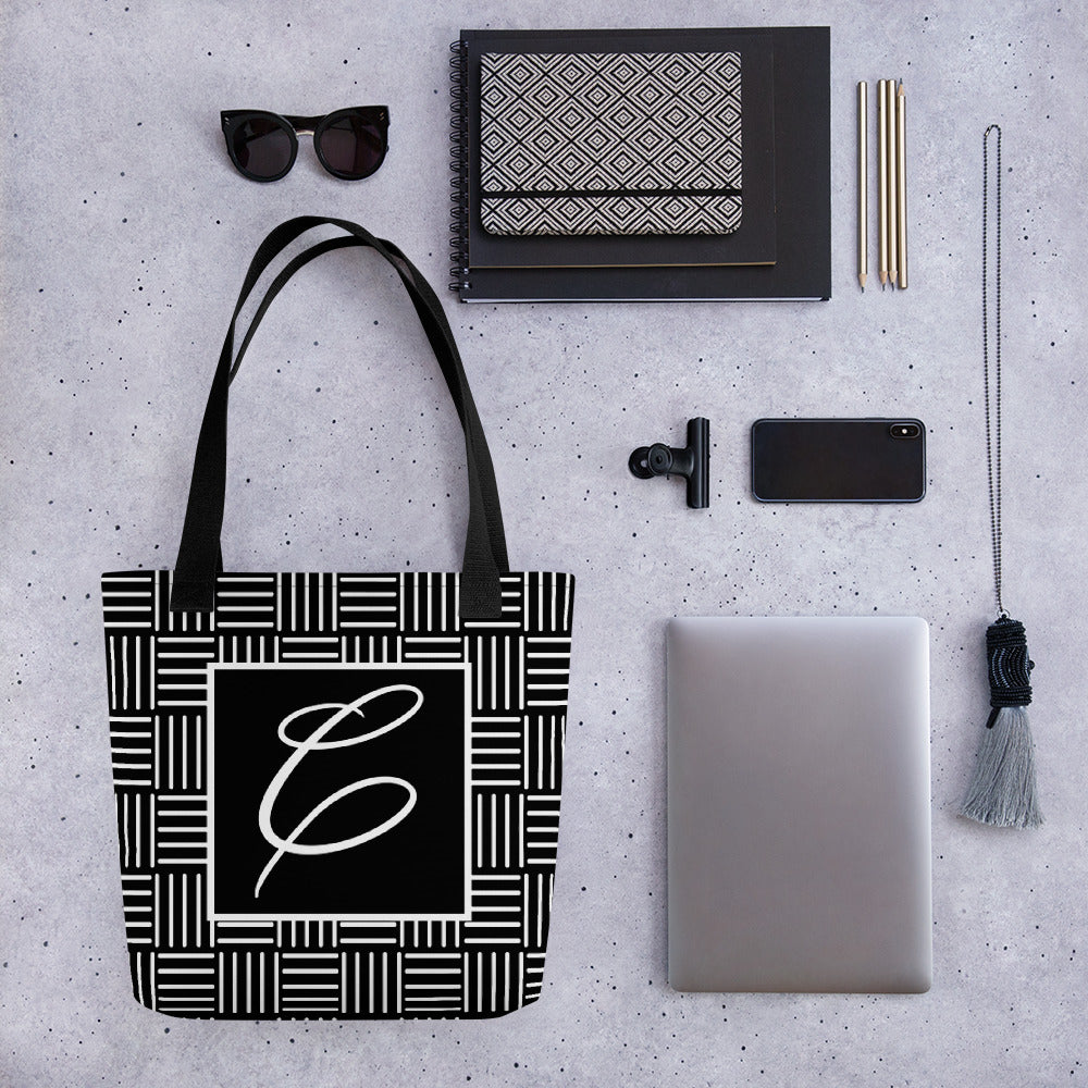 Modern Calligraphy Capital C Fancy, Basketweave Pattern, White on Black, White Capital C, Custom Tote bag