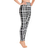 Tiki Uneven Grid Yoga Leggings--White Grid on Black Background with Contrast Waistband